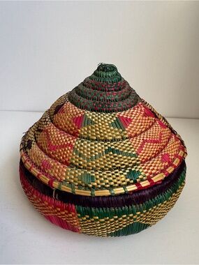 Handwoven African Lidded Basket Colorful‎ Woven Storage Basket Boho Decor